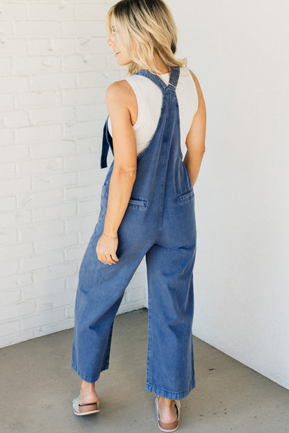 Prussian Blue Mineral Wash Knotted Strap Patched Pocket Wide Leg Denim Overall