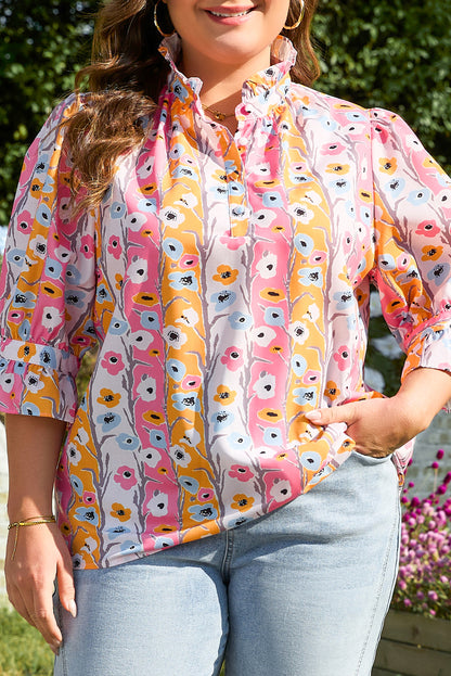 Pink Floral Ruffled Collar Bracelet Sleeve Plus Size Blouse Top