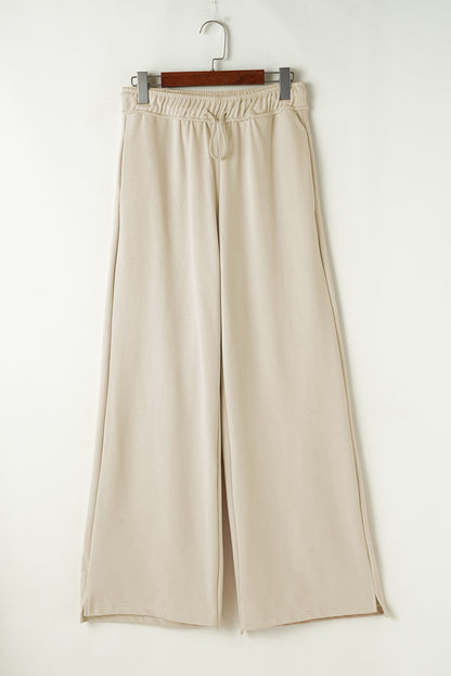 Apricot Loop Drawstring Elastic Waistband Casual Wide Leg Pants