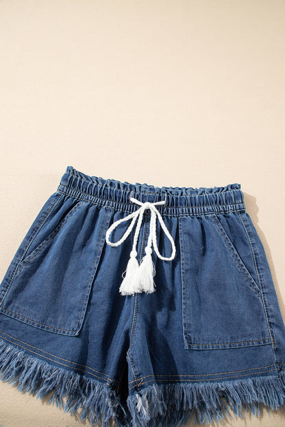Ashleigh Blue Raw Hem Drawstring Elastic Waistband Denim Shorts with Pockets