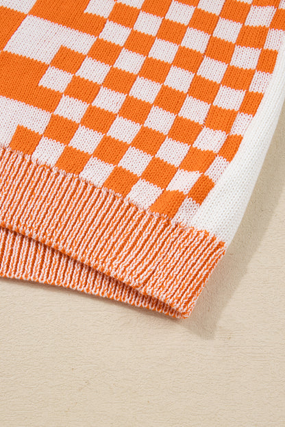Orange Checkered Bubble Sleeve Drop Shoulder Open Cardigan