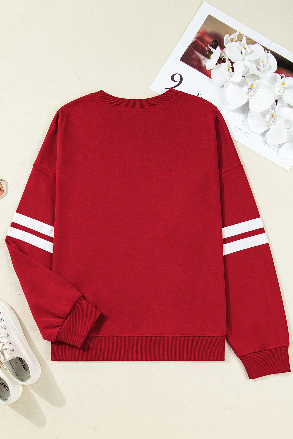 Fiery Red Varsity Striped Detail Crew Neck Plus Sweatshirt