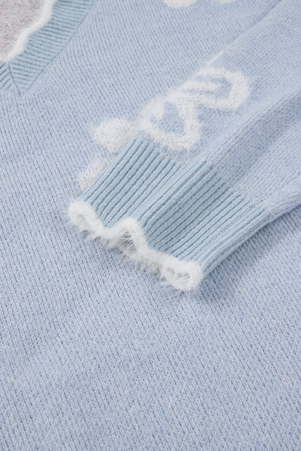 Gray Fuzzy Flower Scalloped V Neck Plus Sweater