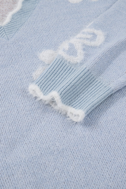 Gray Fuzzy Flower Scalloped V Neck Plus Sweater