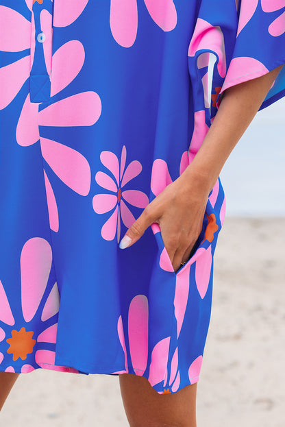 Blue Summer Flower Print Shirt Collar Button Front Loose Romper