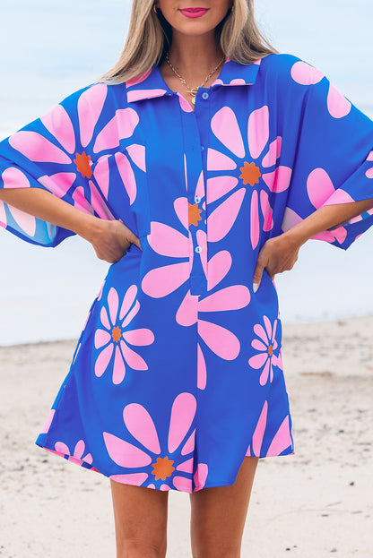 Blue Summer Flower Print Shirt Collar Button Front Loose Romper
