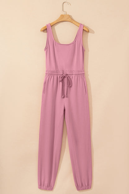 Light Pink Lace-up Elastic Waist Sleeveless Square Neck Jumpsuit