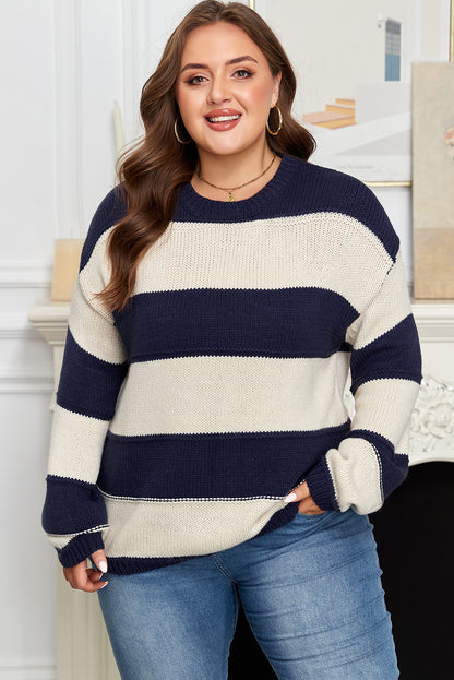 Blue Stripe Color Block PLus Size Drop Shoulder Sweater