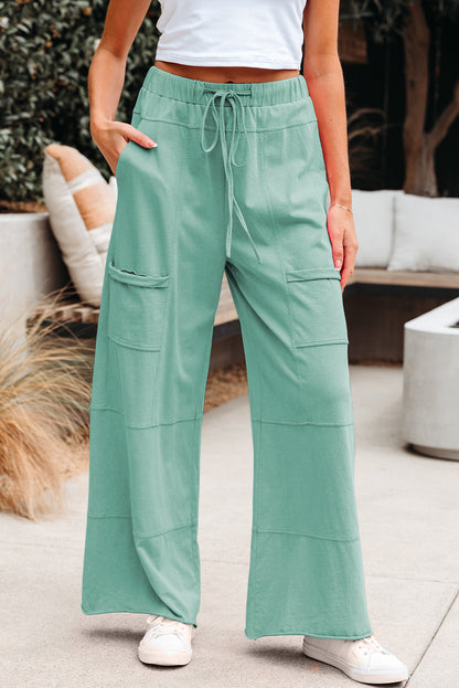 Mint Green Mineral Wash Exposed Seam Drawstring Elastic Waistband Wide Leg Cargo Pants