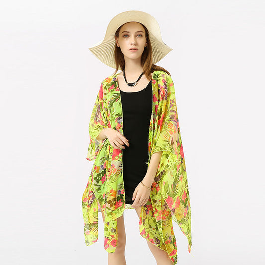 Summer Printed Floral Sun Protection Shirt Beach Dress Beach Cover Up