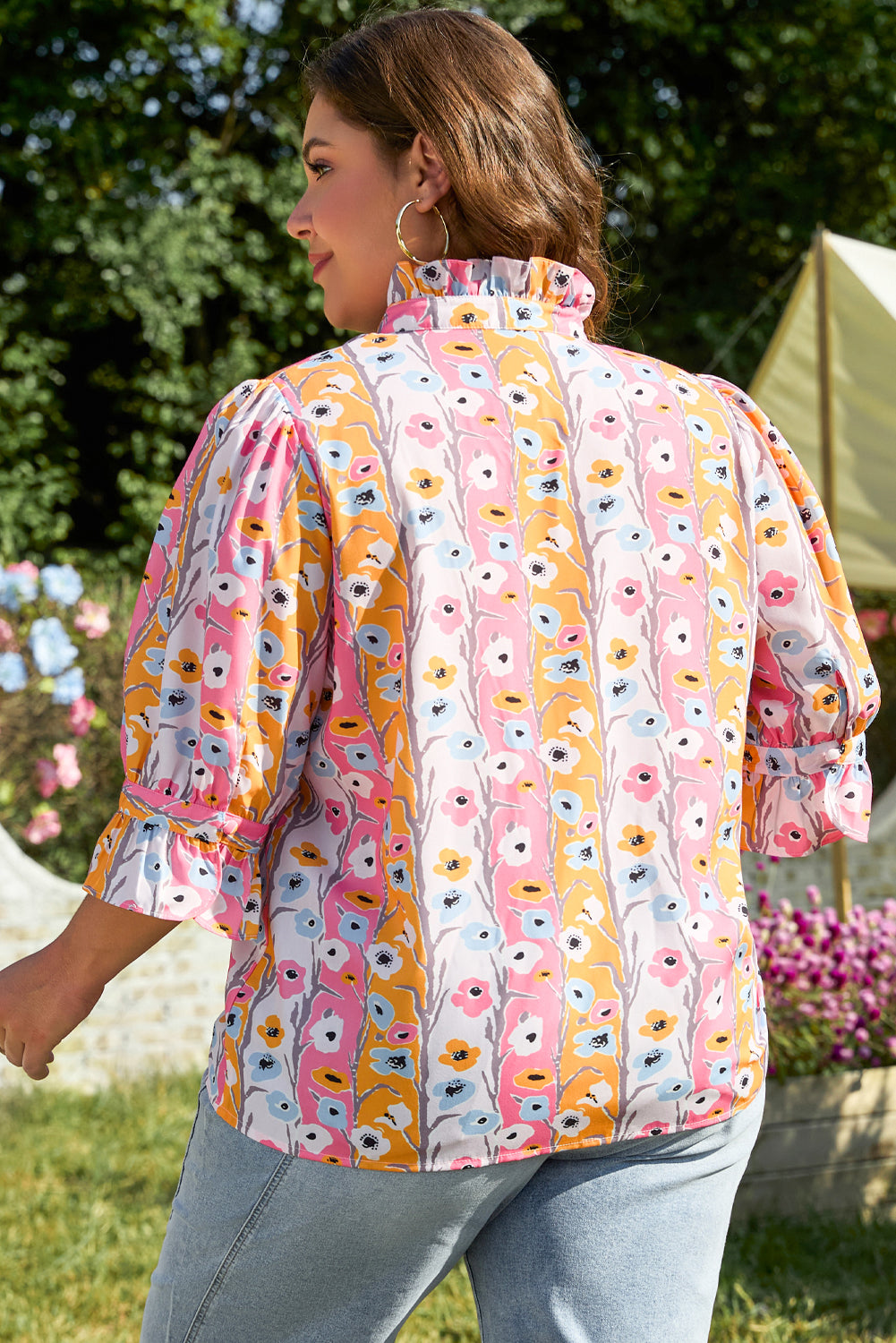 Pink Floral Ruffled Collar Bracelet Sleeve Plus Size Blouse Top