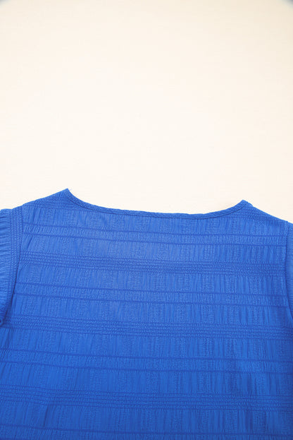 Dark Blue Textured Ruffled Sleeve Round Neck Top