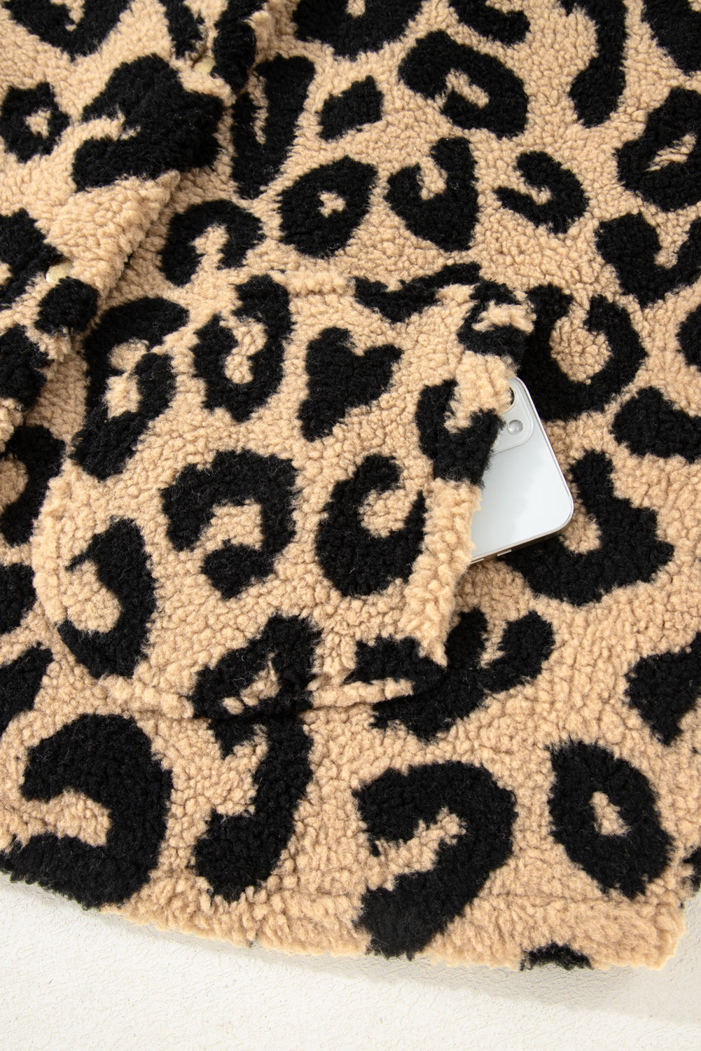 Khaki Leopard Sherpa Button Front Collared Plus Size Vest Jacket