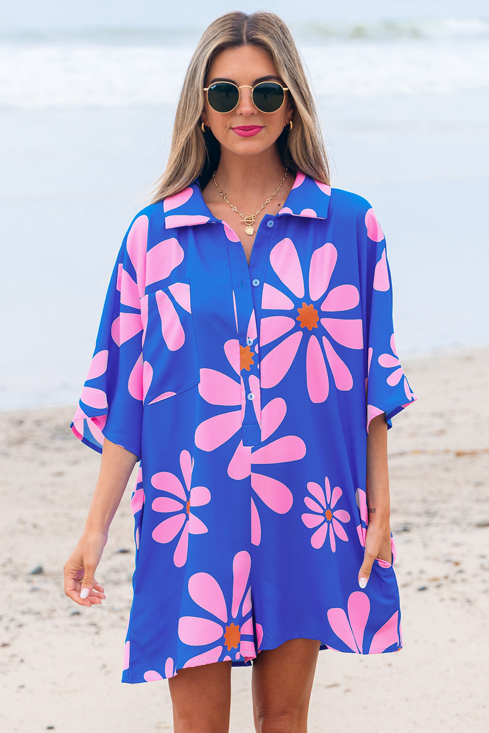 Blue Summer Flower Print Shirt Collar Button Front Loose Romper