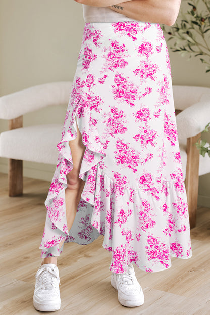 Rose Boho Floral High Waist Ruffle Split Maxi Skirt