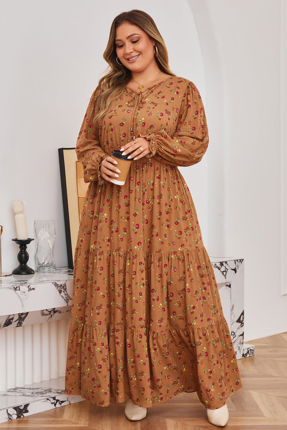 Brown Floral Tiered Maxi Dress with Split V-Neck