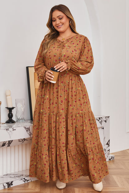 Brown Floral Tiered Maxi Dress with Split V-Neck