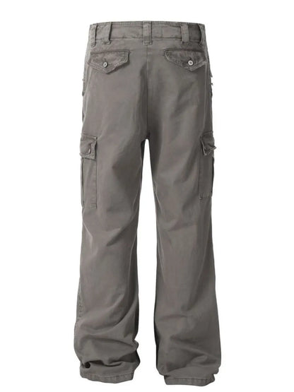 Gray straight leg cargo pants – back view
