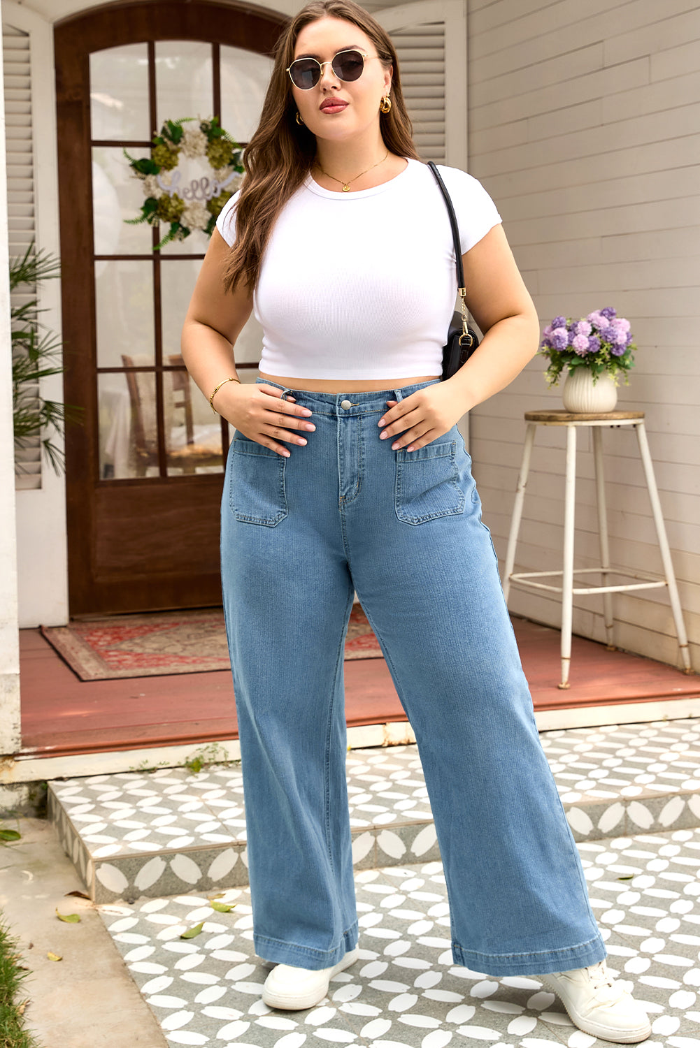 Dusk Blue Patched Pocket Textured Wide Leg Plus Size Jeans