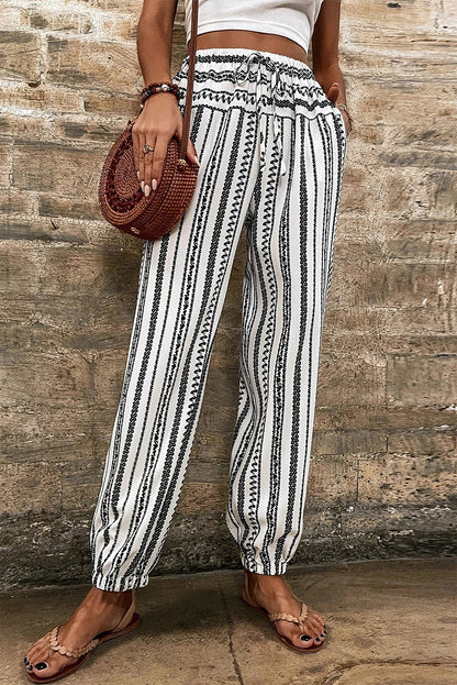 Black Stripe Boho Print Drawstring Elastic Waistband Casual Joggers