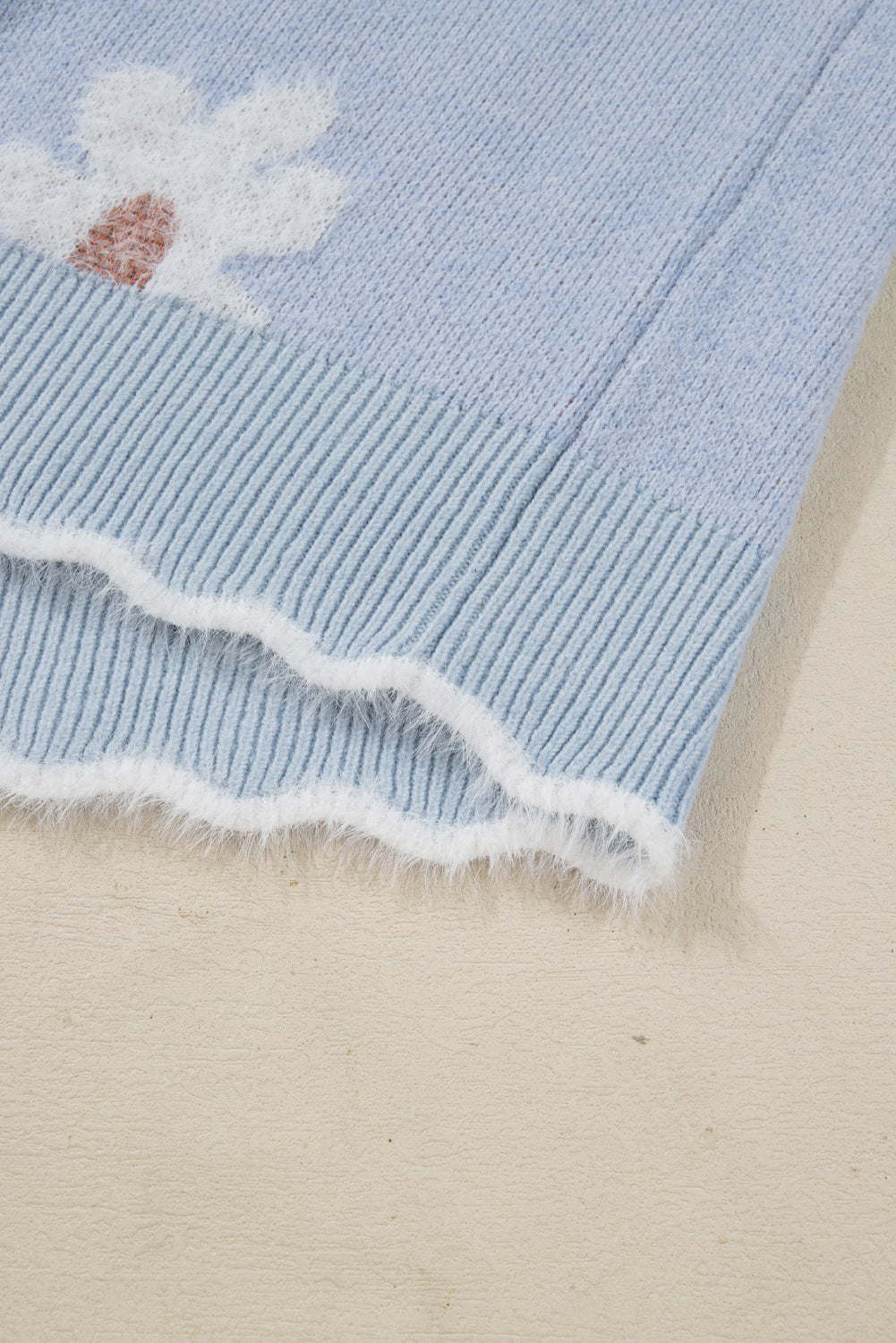 Gray Fuzzy Flower Scalloped V Neck Plus Sweater