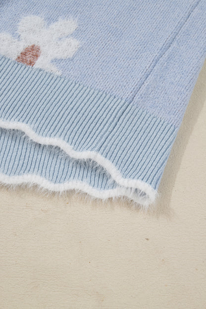 Gray Fuzzy Flower Scalloped V Neck Plus Sweater