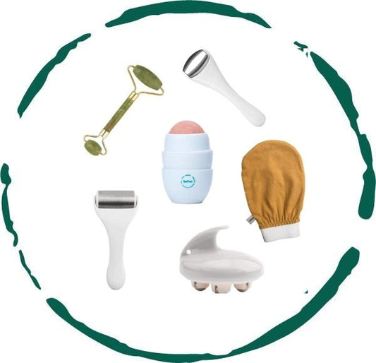6-piece skincare accessories set including jade roller, ice roller, exfoliating glove, and more for a complete skincare routine


