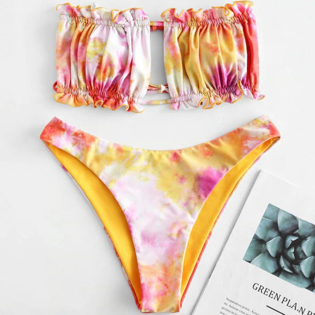 Print Bikinis Woman Bandeau Swimsuit For Women Pleated Biquini Micro Swimwear Sexy Keyhole Two Piece High Cut Bathing Suit