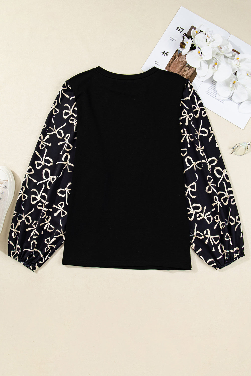 Black Bow Knot Patchwork Crewneck Plus Size Blouse