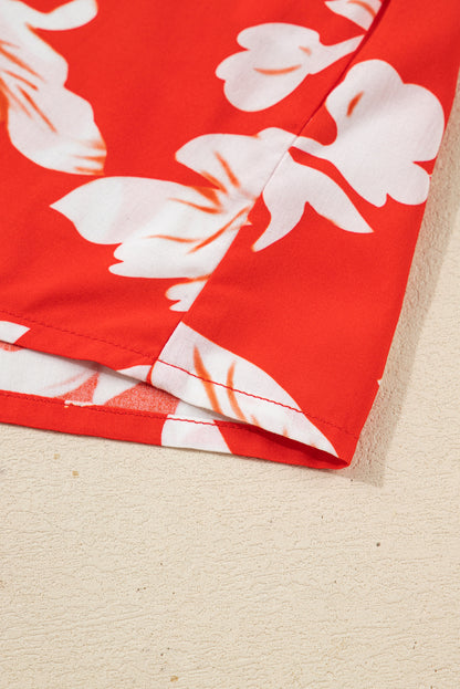 Red Plus Size Floral Print Loose Button Up Shirt