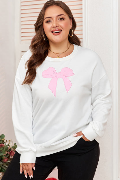 Beige Big Bow Accent Plus Size Drop Shoulder Sweatshirt