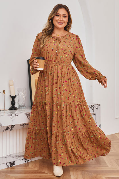 Brown Floral Tiered Maxi Dress with Split V-Neck