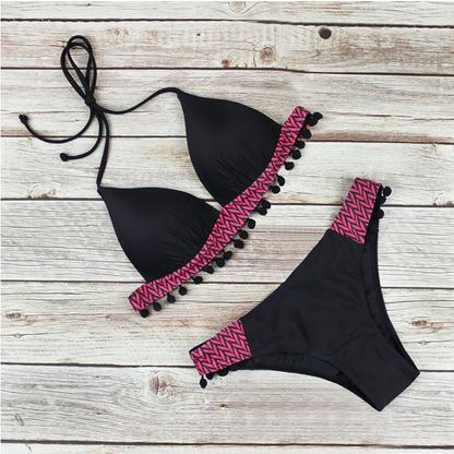 Sexy patchwork tassel swimwear Halter triangle bikini Low waist swimsuit women Black bathing suit Swimming Biquini