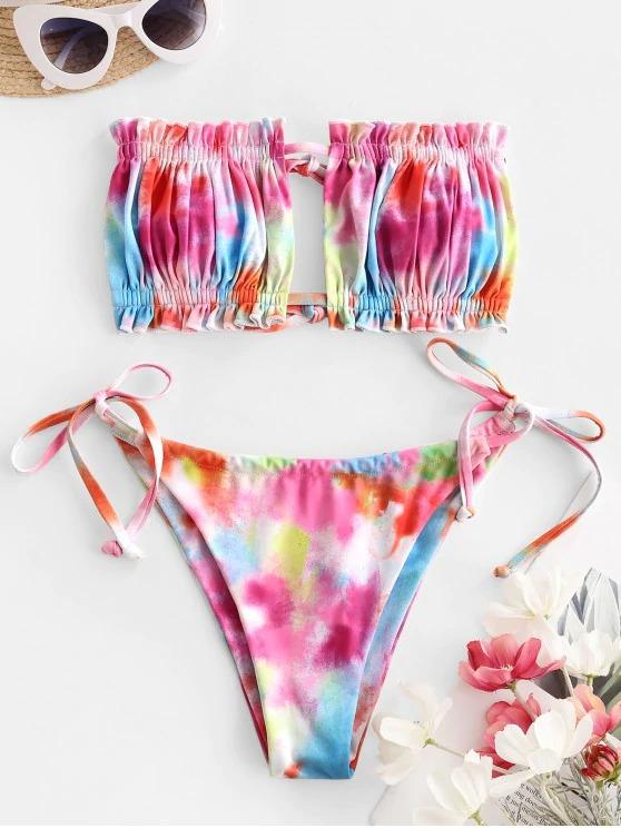Print Bikinis Woman Bandeau Swimsuit For Women Pleated Biquini Micro Swimwear Sexy Keyhole Two Piece High Cut Bathing Suit