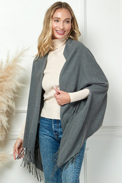 SOLID COLOR THICK SOFT SCARVES PANCHO WITH TASSEL