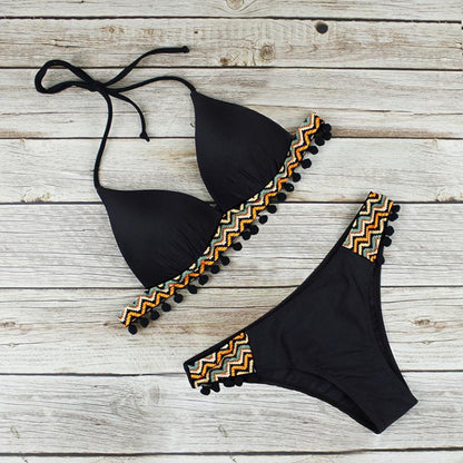 Sexy patchwork tassel swimwear Halter triangle bikini Low waist swimsuit women Black bathing suit Swimming Biquini