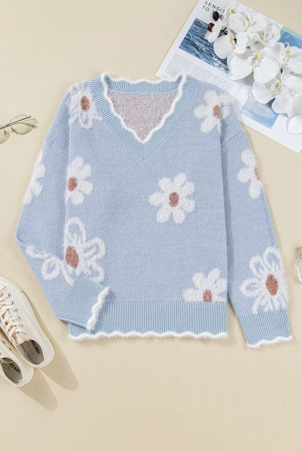 Gray Fuzzy Flower Scalloped V Neck Plus Sweater