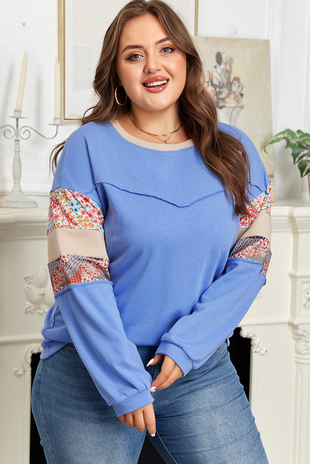 Blue Exposed Seam Floral Mixed Patchwork Relaxed Plus Size Sweatshirt