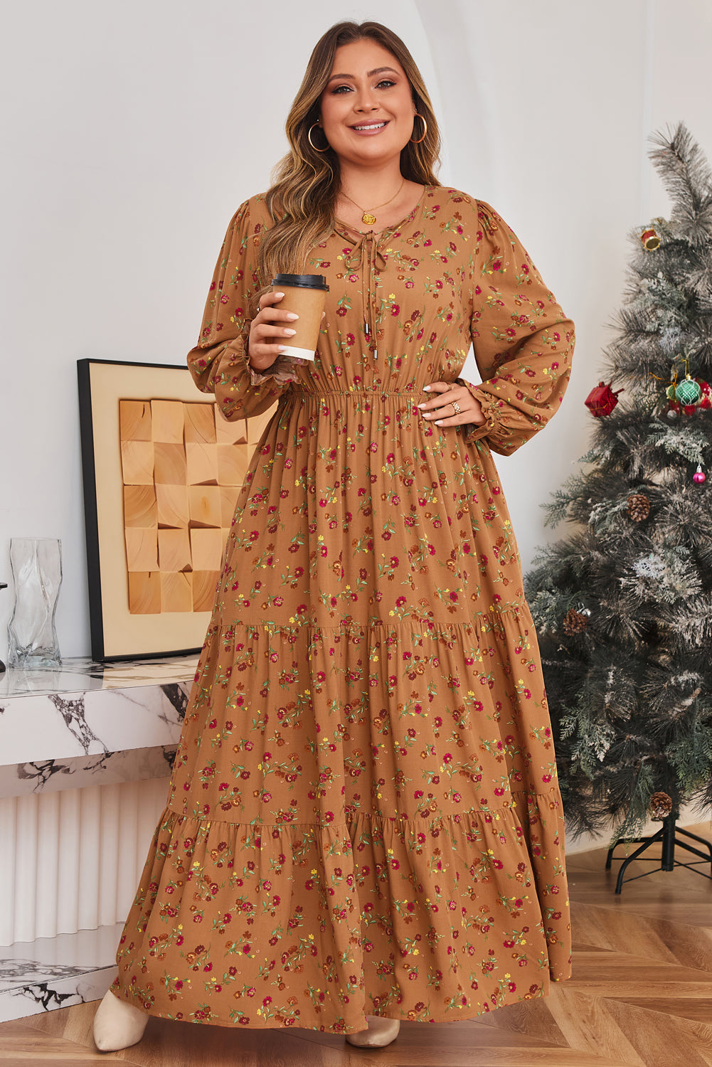 Brown Floral Tiered Maxi Dress with Split V-Neck