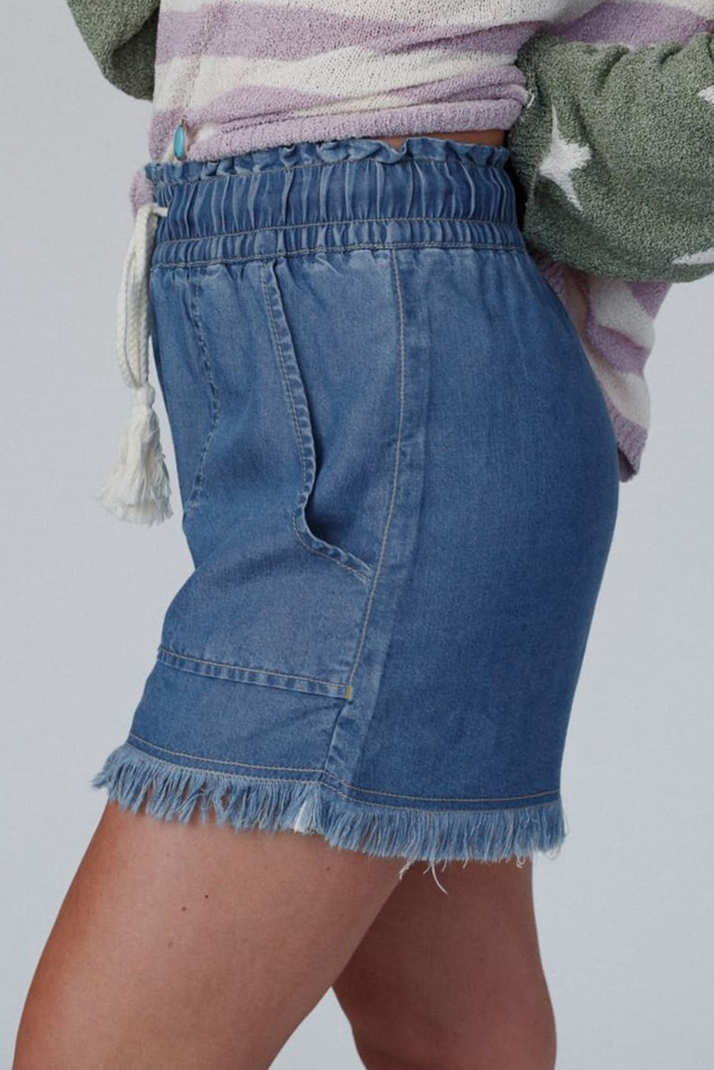 Ashleigh Blue Raw Hem Drawstring Elastic Waistband Denim Shorts with Pockets