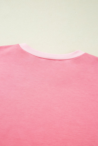 Peach Blossom Two Tones Patchwork Half Sleeve Plus Size T Shirt