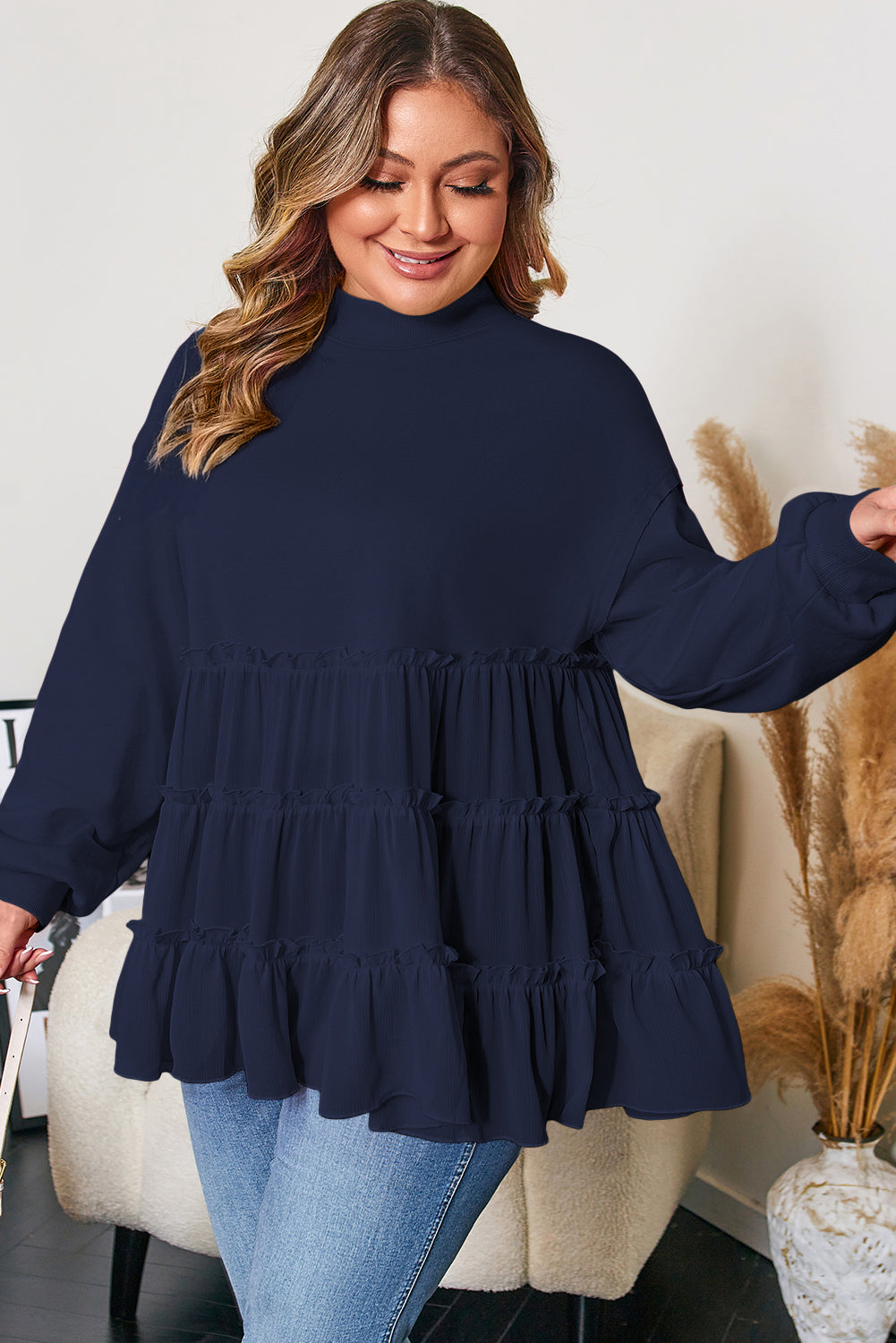 Navy Blue Tiered Ruffle Ribbed Crew Neck Pullover Plus Size Top