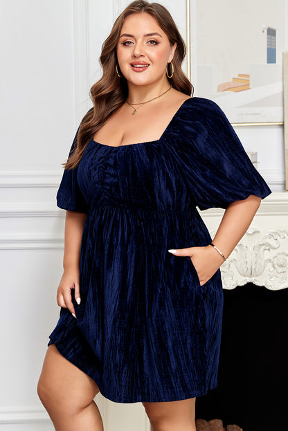 Navy Blue Velvet Ruched Bust Square Neck Short Puff Sleeve Plus Dress