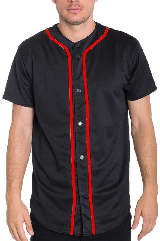 Man wearing a short-sleeve baseball jersey with red piping and button-down front.