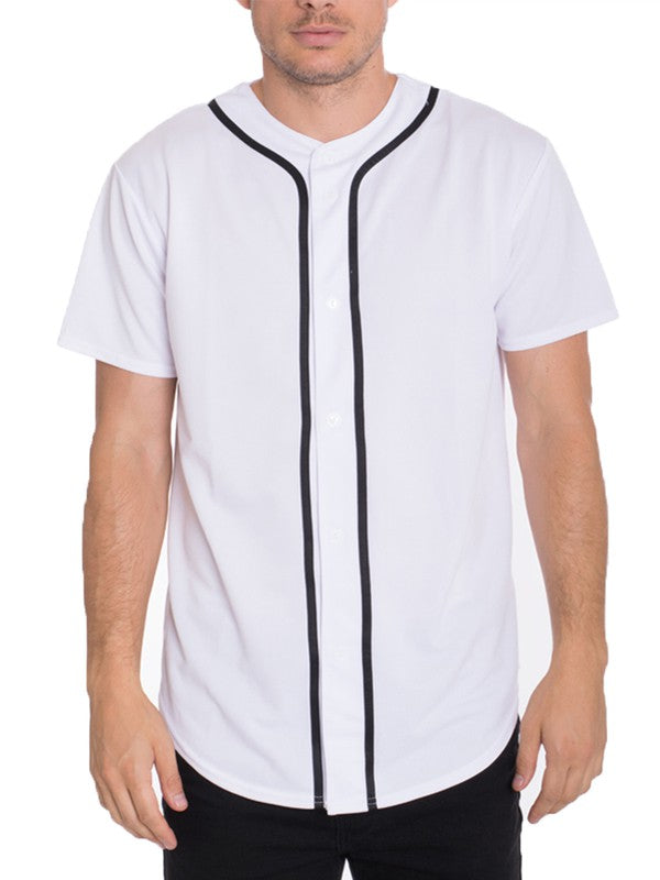 Man wearing a short-sleeve baseball jersey with black piping and button-down front.