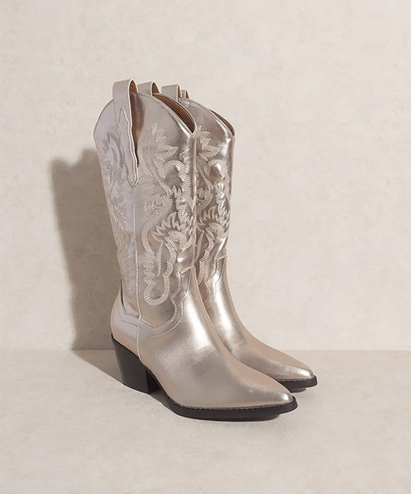 western boots featuring intricate embroidered patterns, pointed toe, block heel, and traditional pull tabs.