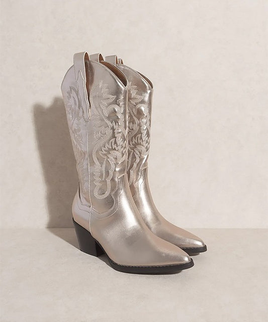 western boots featuring intricate embroidered patterns, pointed toe, block heel, and traditional pull tabs.