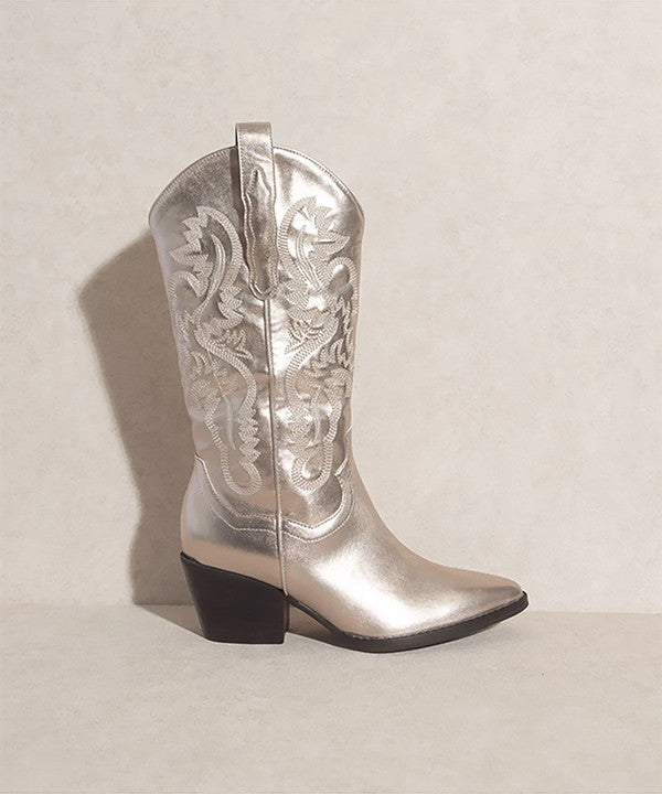 western boots featuring intricate embroidered patterns, pointed toe, block heel, and traditional pull tabs.