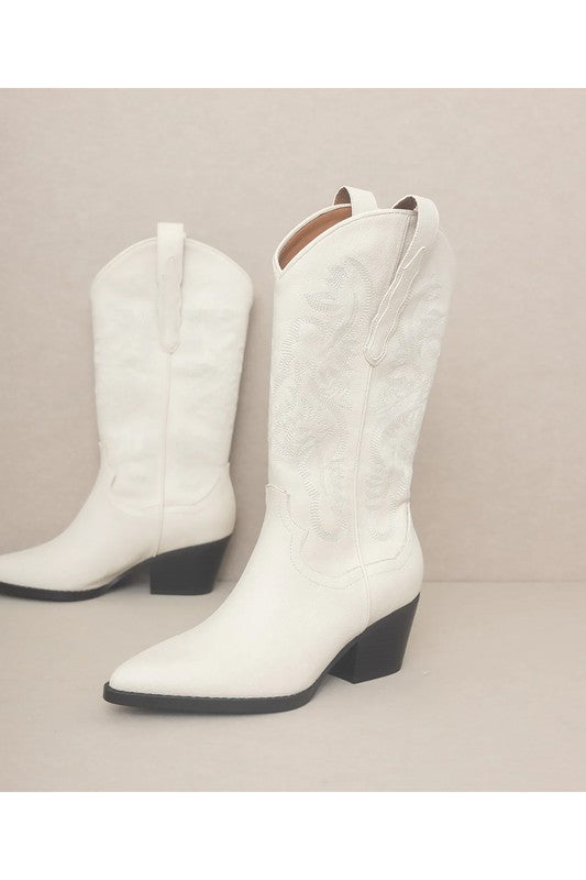 western boots featuring intricate embroidered patterns, pointed toe, block heel, and traditional pull tabs.