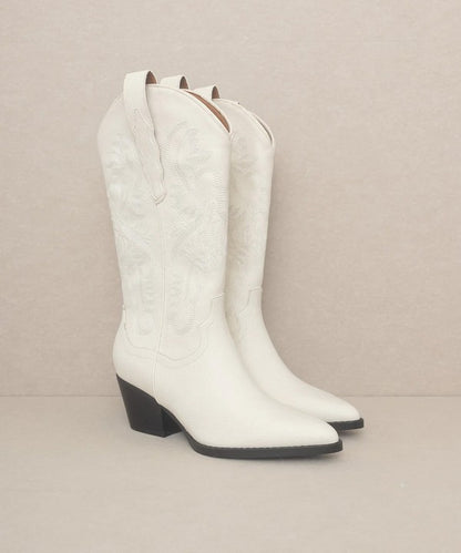 western boots featuring intricate embroidered patterns, pointed toe, block heel, and traditional pull tabs.